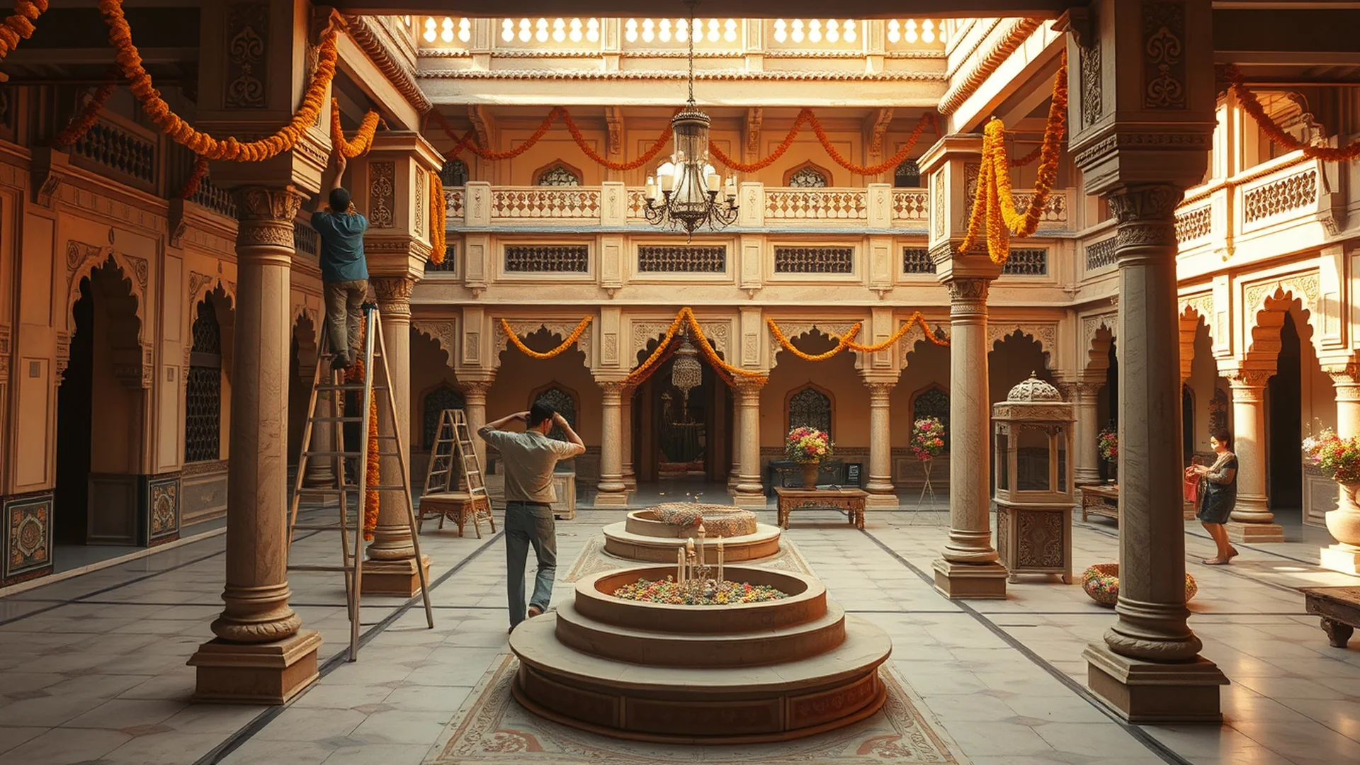 Wedding planning preparation in a heritage haveli courtyard