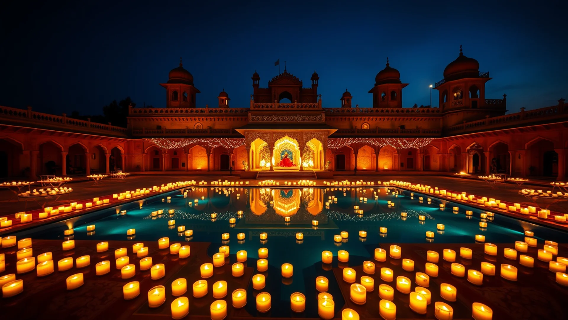Rajasthani palace with floating candles in courtyard pool at twilight