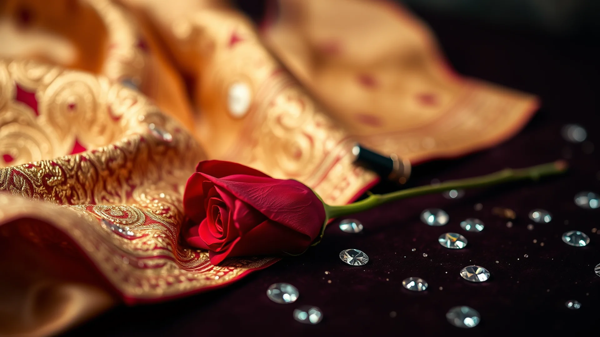Luxury Indian wedding detail with gold embroidered silk and red rose