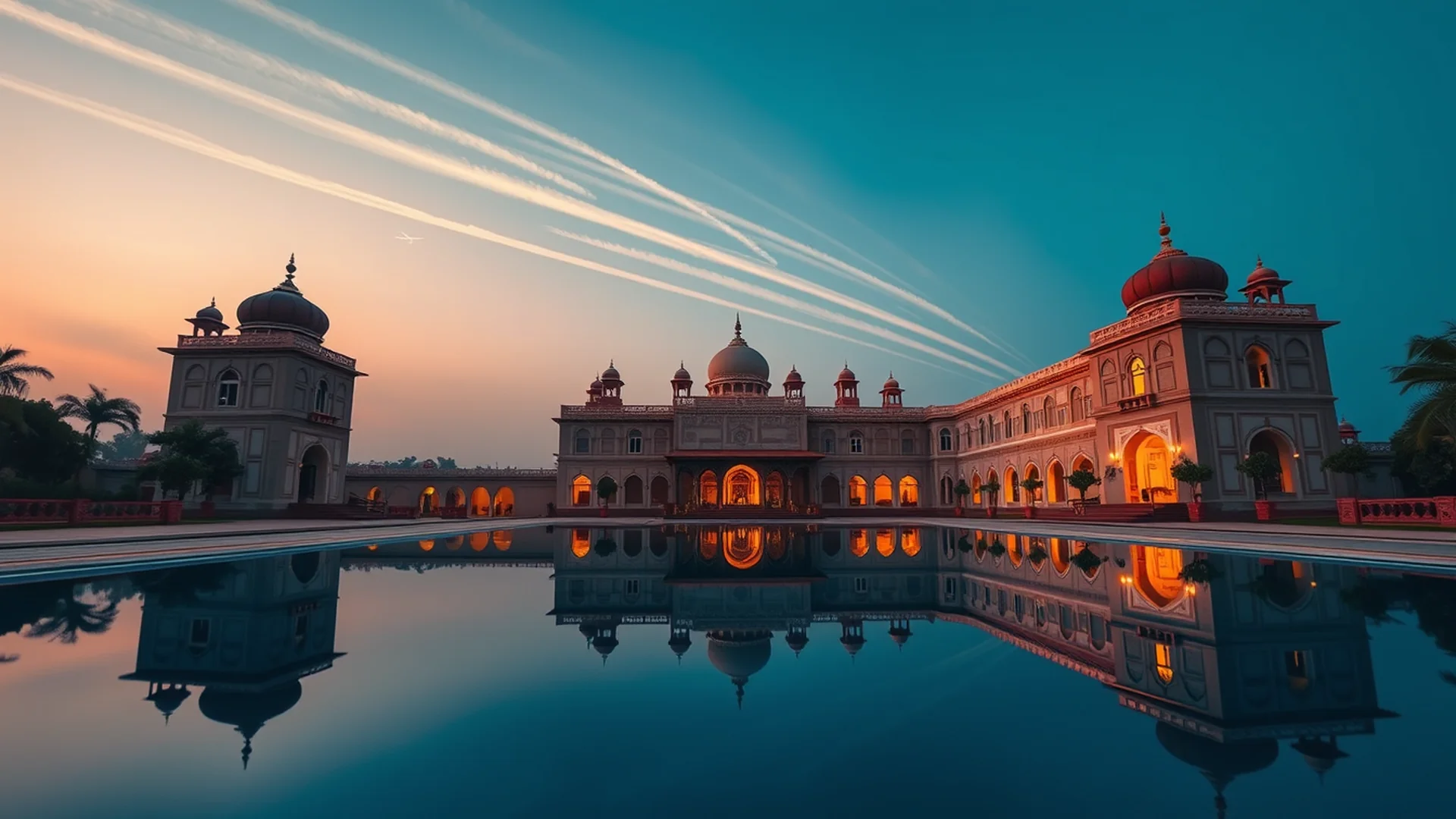 Heritage palace at dusk with airplane contrails symbolizing international travel