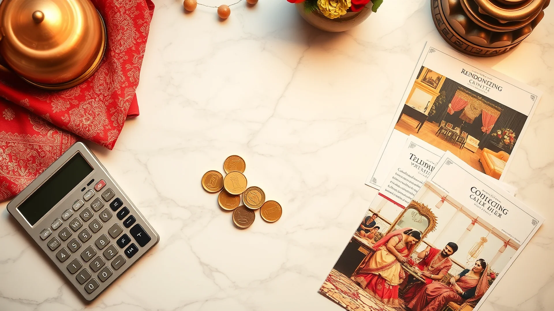 Indian wedding planning flat lay with calculator and traditional elements on marble