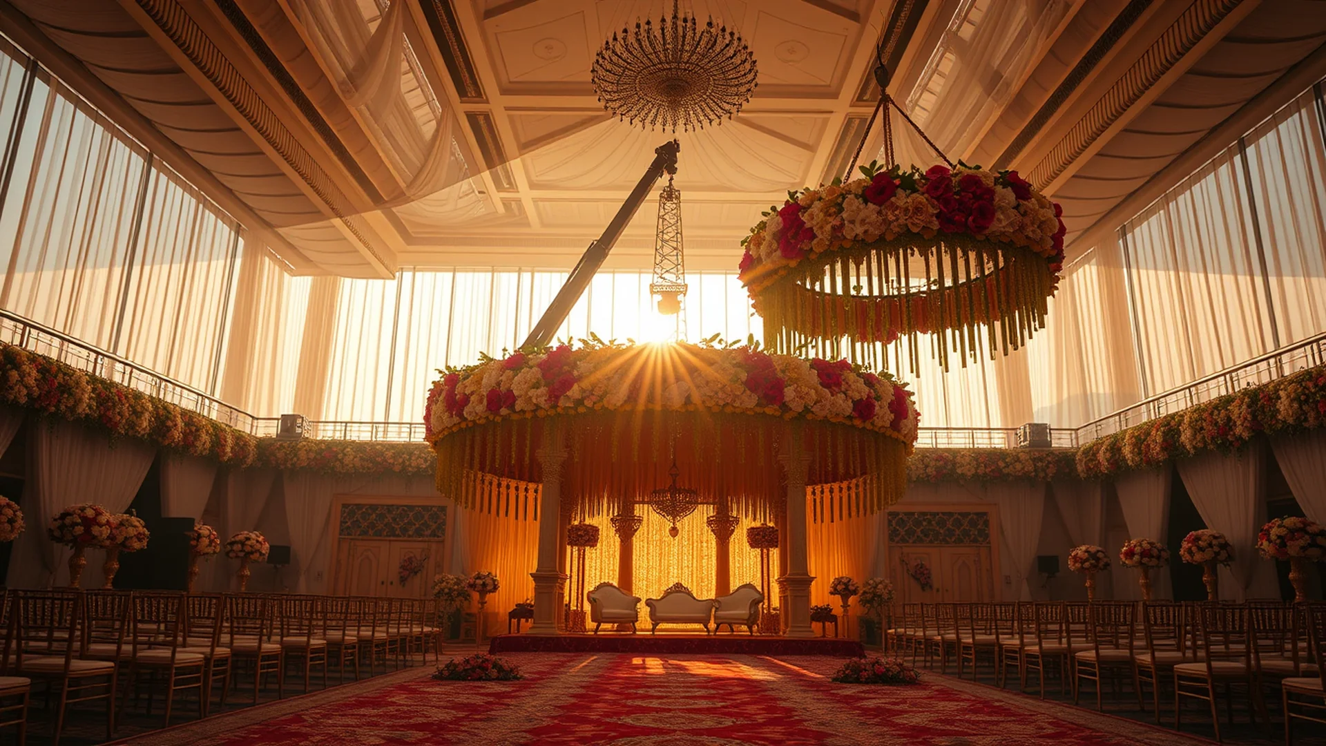 Grand wedding venue with massive floral installation at golden hour