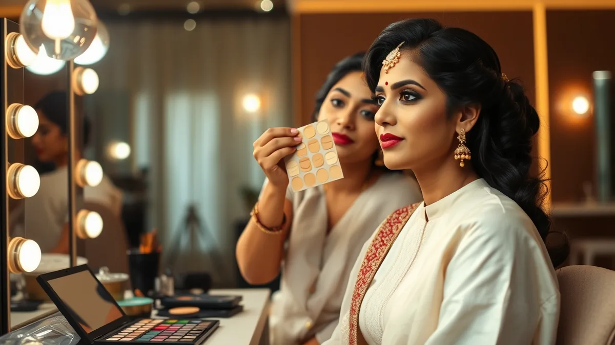 Indian bridal makeup trial - artist testing HD foundation shades on an Indian bride at a salon trial session