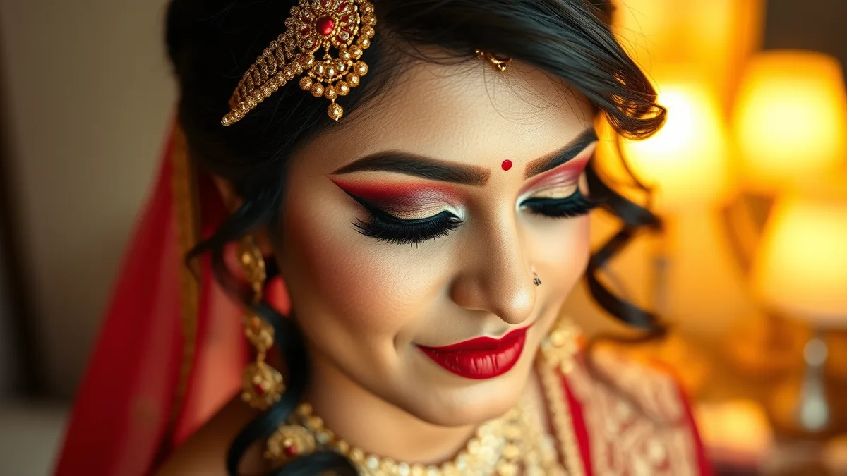 Indian bride final reveal look - HD makeup completed with red lipstick, kohl-rimmed eyes, and traditional bindi