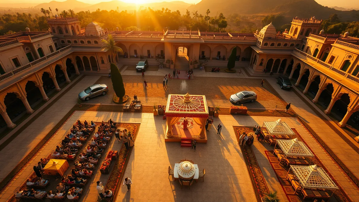 Luxury destination Indian wedding at a Rajasthan palace courtyard at golden hour
