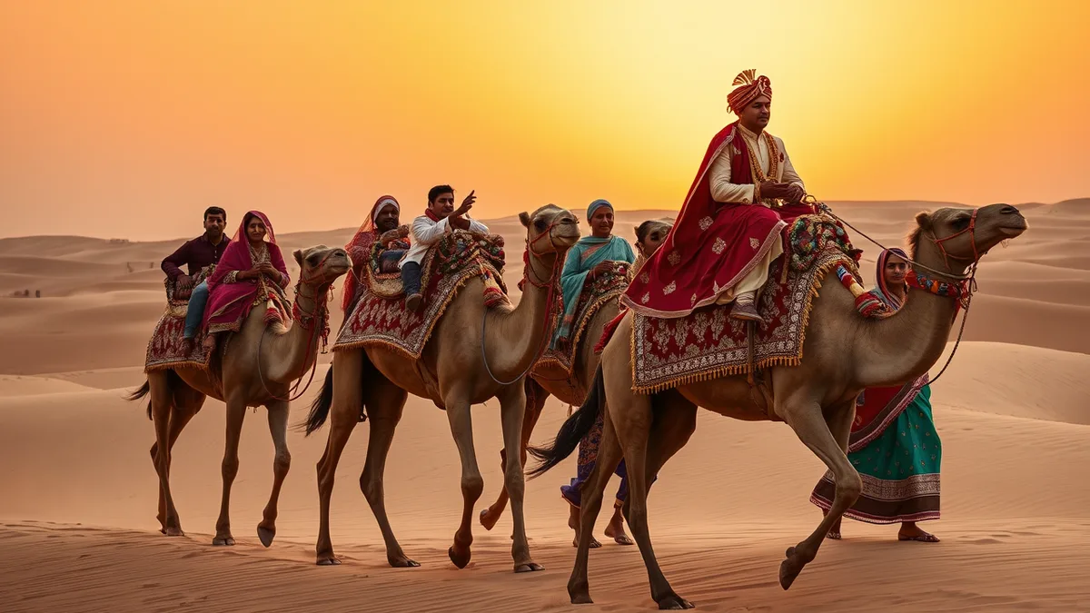 Rajasthan destination wedding camel baraat at Jaisalmer sand dune at sunset