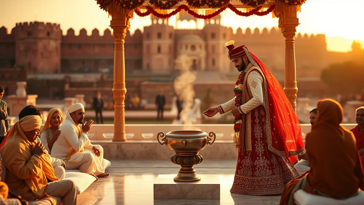 Rajasthan heritage palace wedding pheras at a Jodhpur fort venue at golden hour