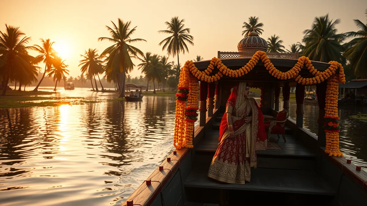 Kerala backwater destination Indian wedding on a decorated houseboat at golden hour