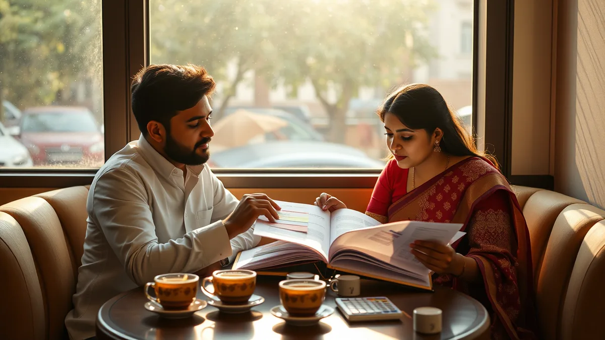Indian couple reviewing a printed wedding budget binder at a sunlit cafe