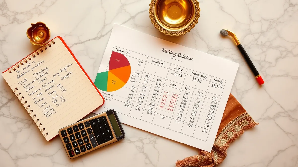 Indian wedding budget breakdown flatlay with printed pie chart and brass diya