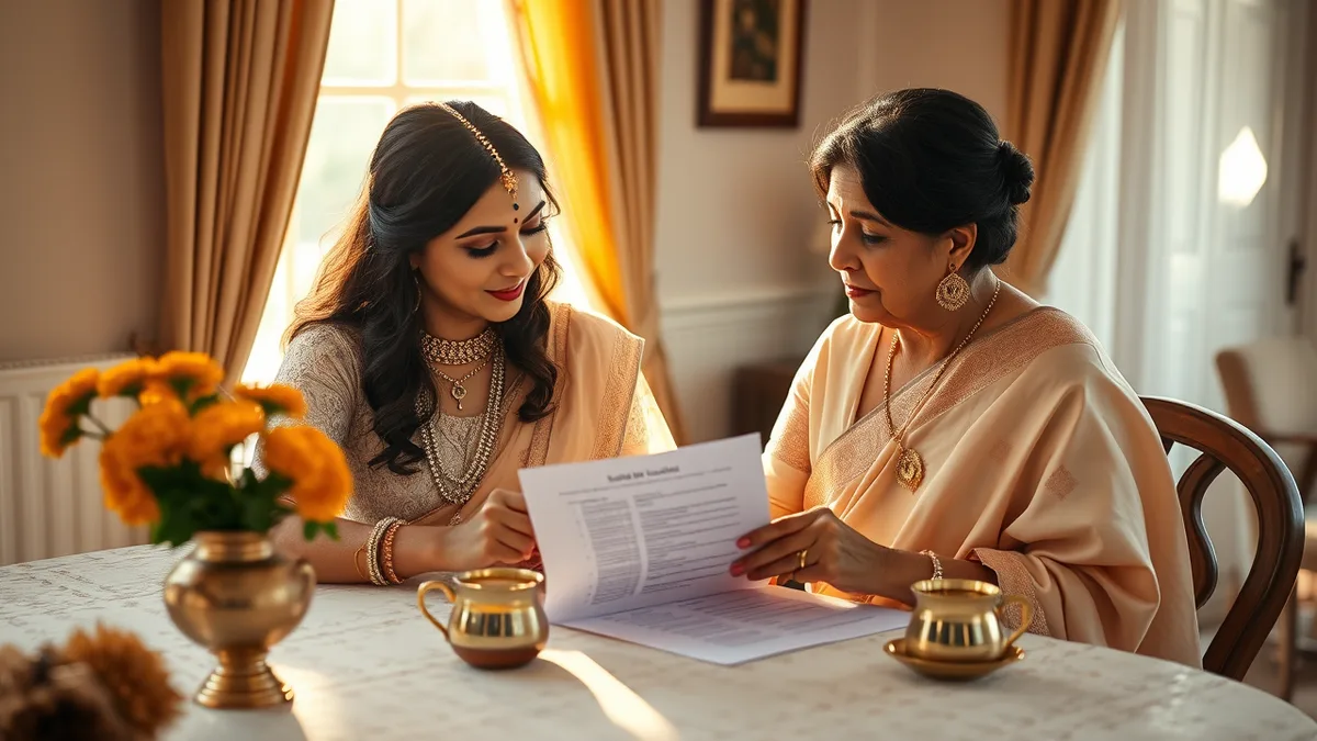 Indian bride and mother reviewing a printed wedding planning checklist together