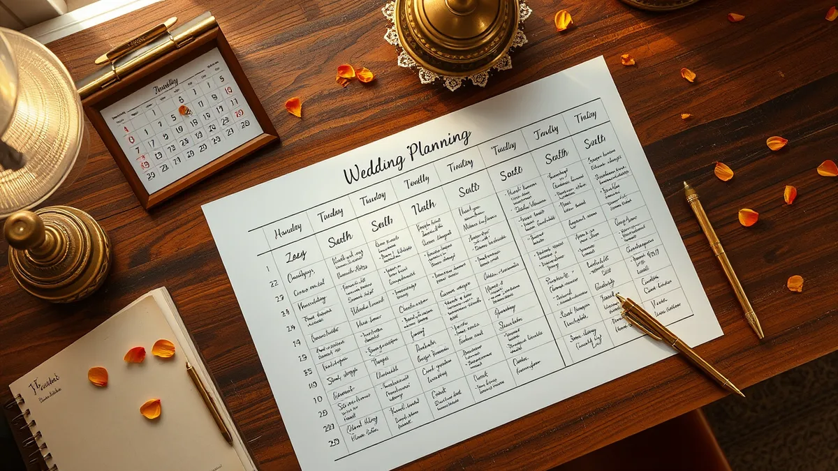 12-month Indian wedding planning timeline checklist with handwritten ticks and vintage calendar