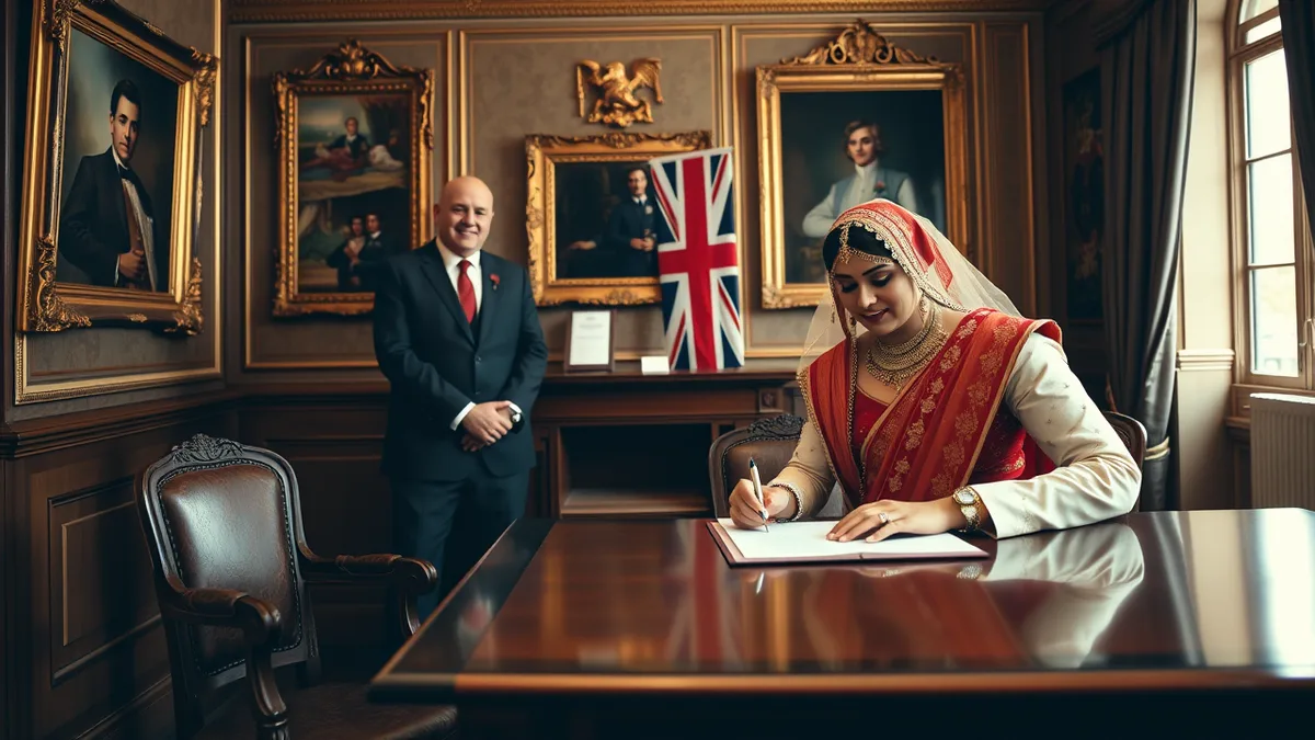 London Indian wedding registry office civil ceremony - British-Indian couple signing the marriage register with two witnesses at a London registry office