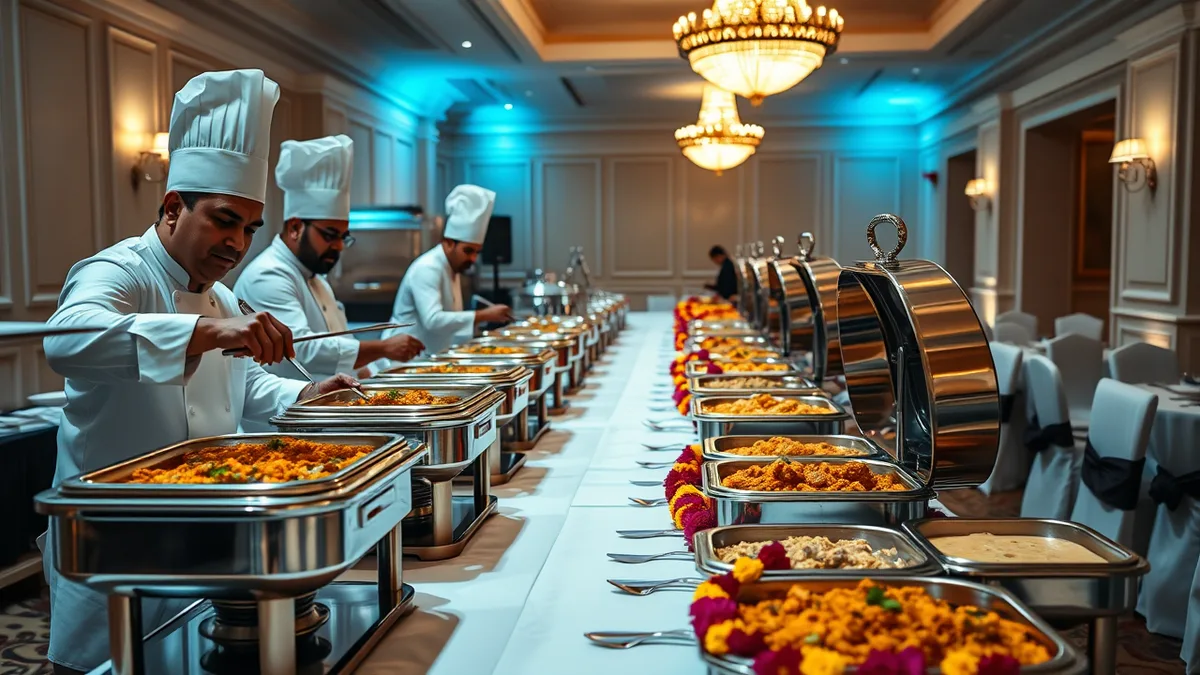 London Indian wedding caterer team plating biryani and tandoor dishes for a UK Indian wedding banquet
