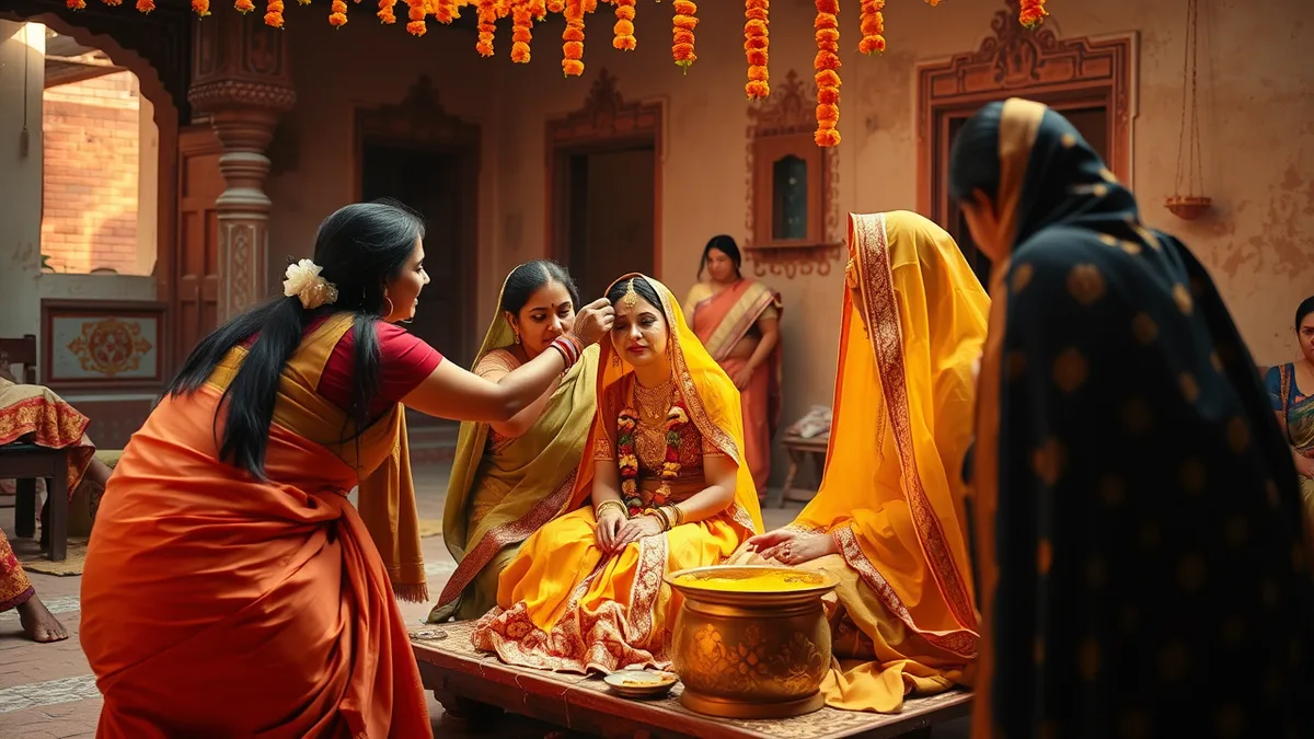 Marwari Pithi Dastoor ceremony - turmeric paste applied to a Marwari bride by women of the family with traditional songs