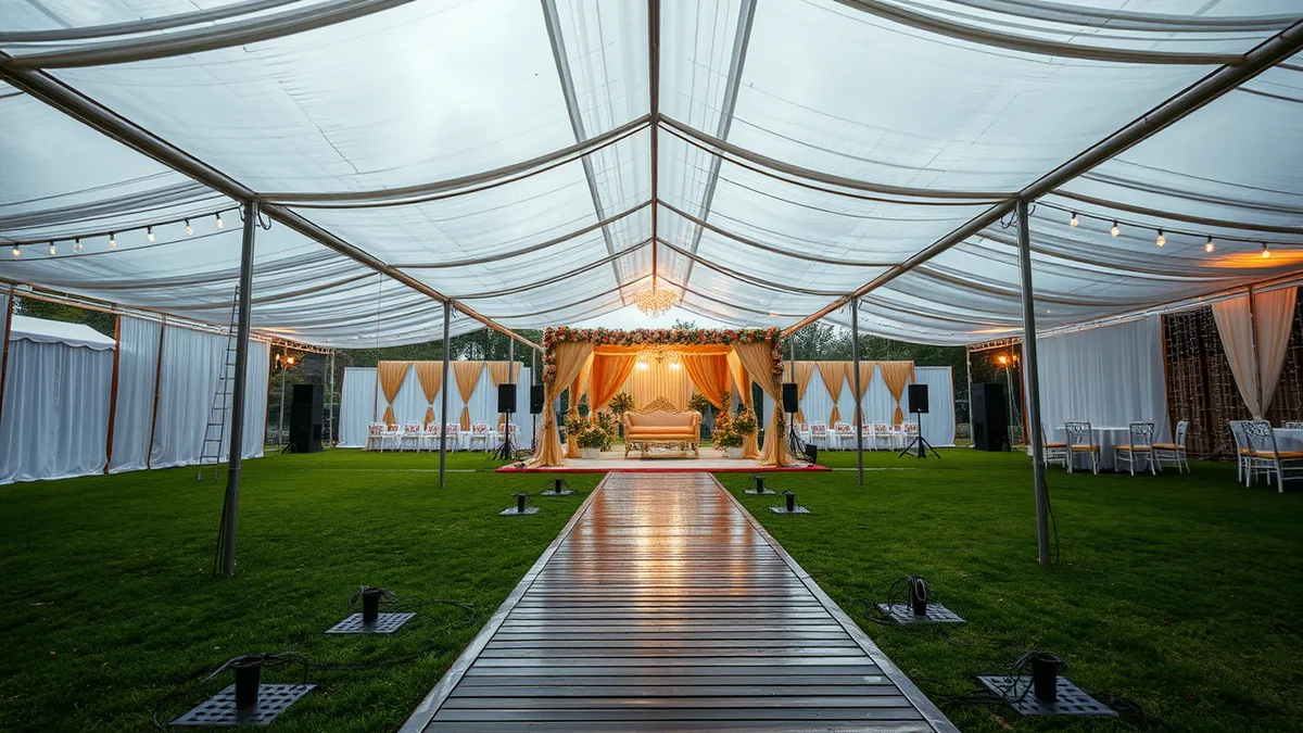 Monsoon wedding setup India - large transparent tarpaulin canopy installed over an outdoor wedding mandap with drainage channels and generators visible