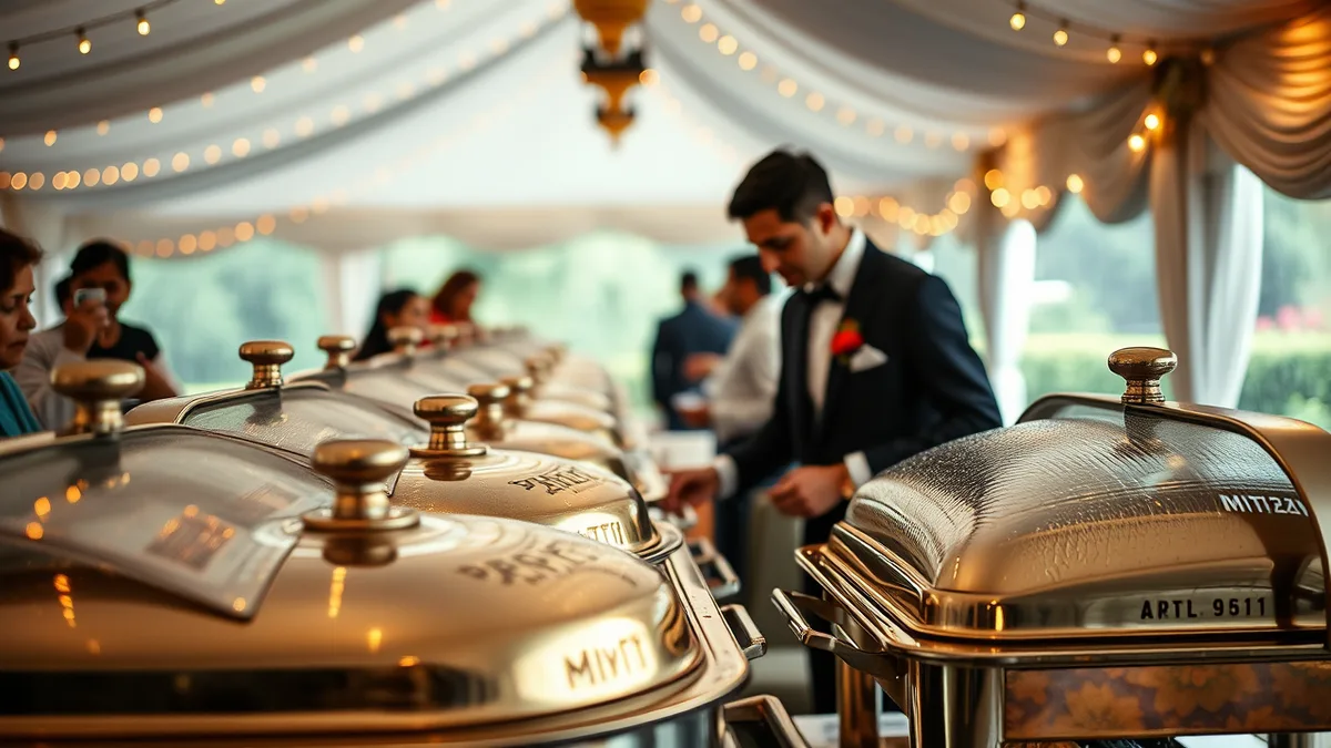 Monsoon wedding catering food safety India - covered chafing dishes and humidity-controlled buffet at a monsoon Indian wedding