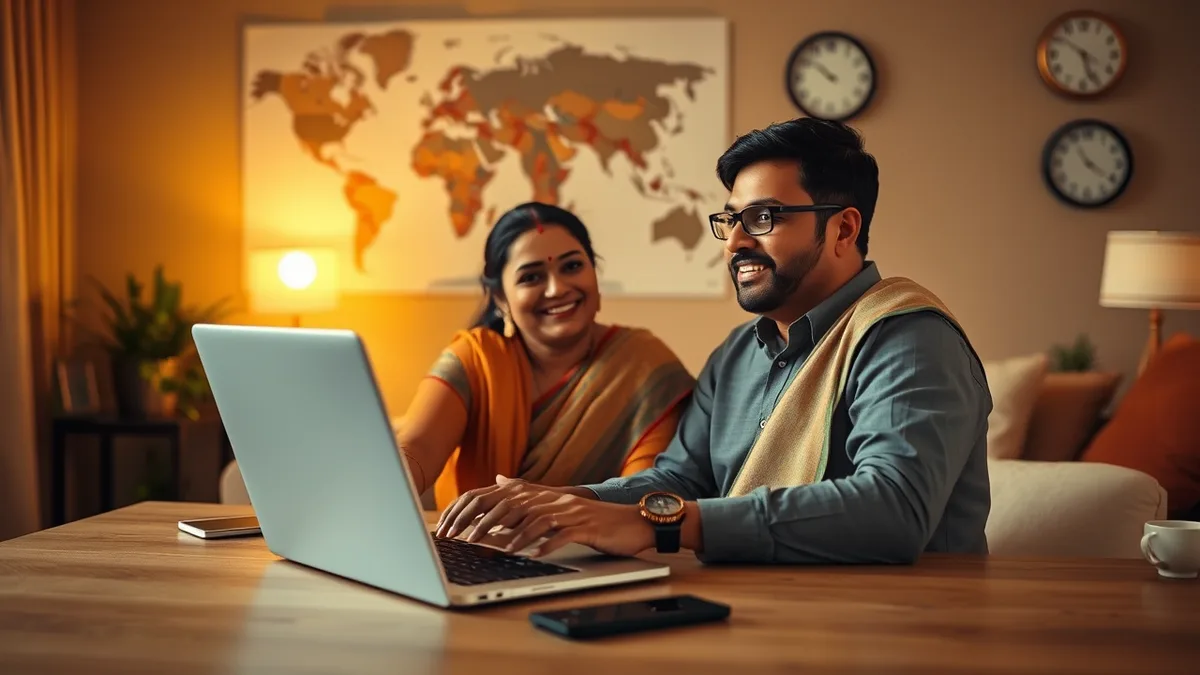 NRI Indian couple consulting a wedding planner over video call from overseas