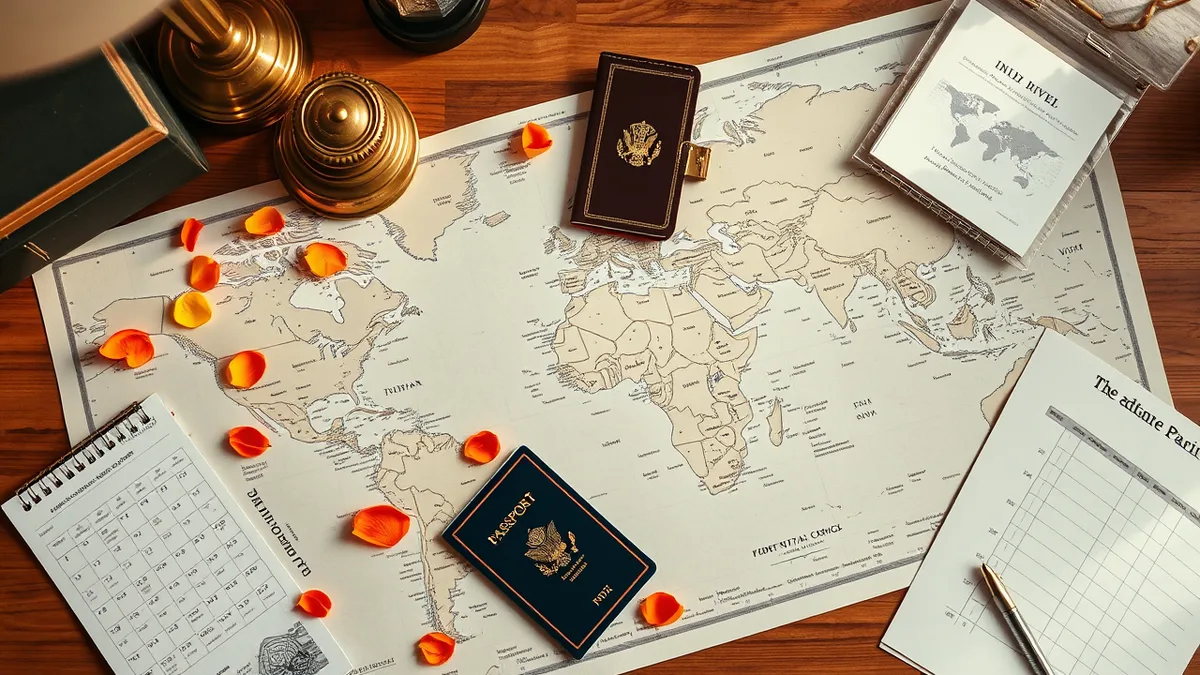 18-month NRI Indian wedding planning timeline with world map and passport