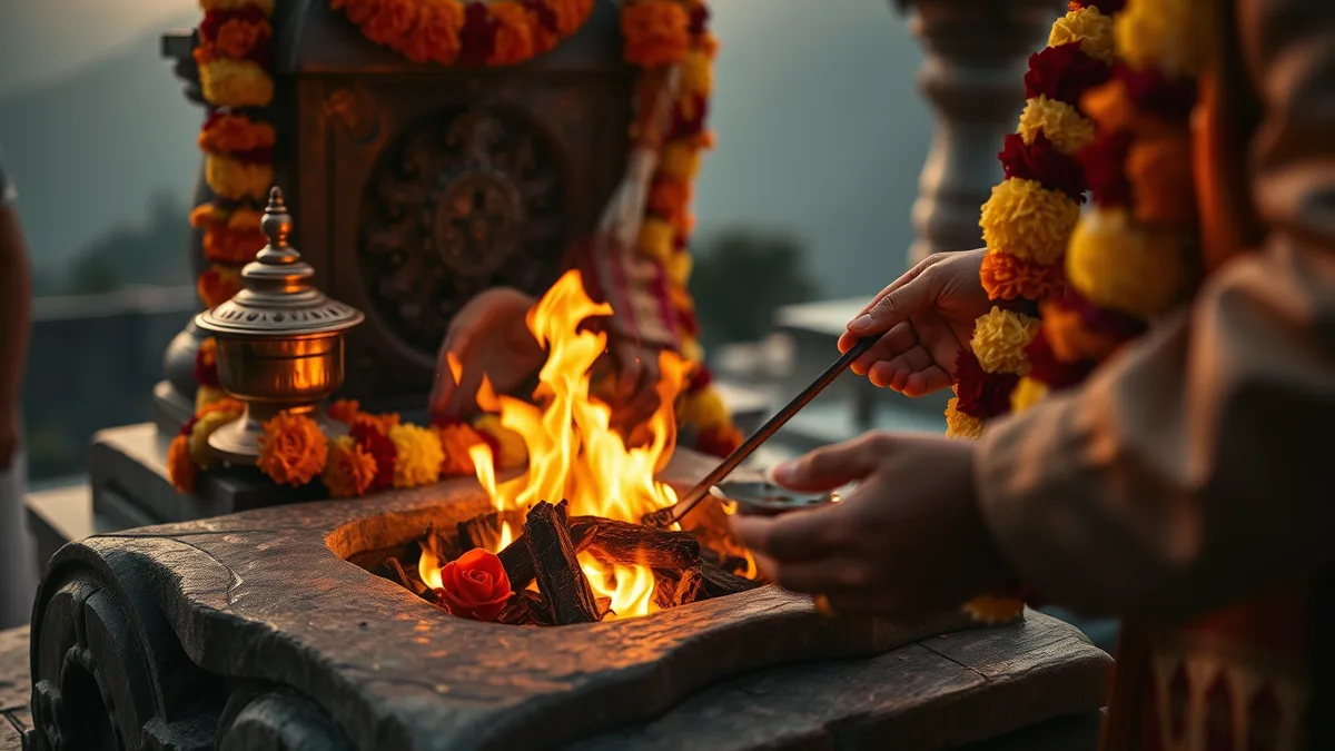 Akhand dhuni sacred fire close-up at Triyuginarayan temple with marigold garlands