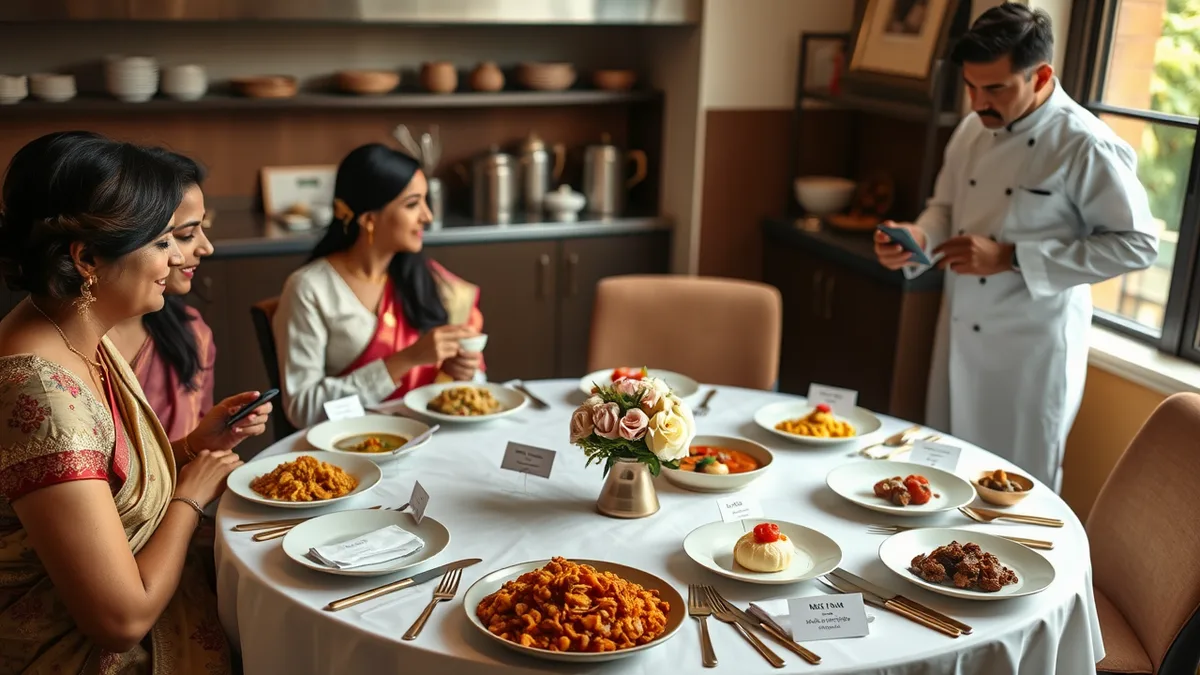 Wedding catering tasting India - planner and family tasting per-plate menu samples with caterer at a tasting session