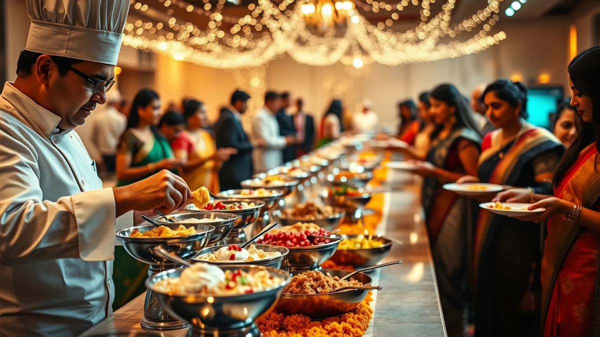 Indian wedding live counter chaat station with chef serving paani puri and dahi bhalla to guests