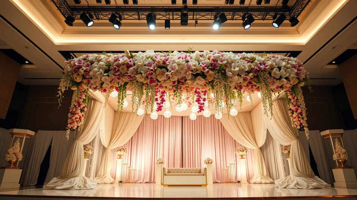 Indian wedding decoration cost breakdown - luxury mandap with imported florals at a tier-1 city banquet