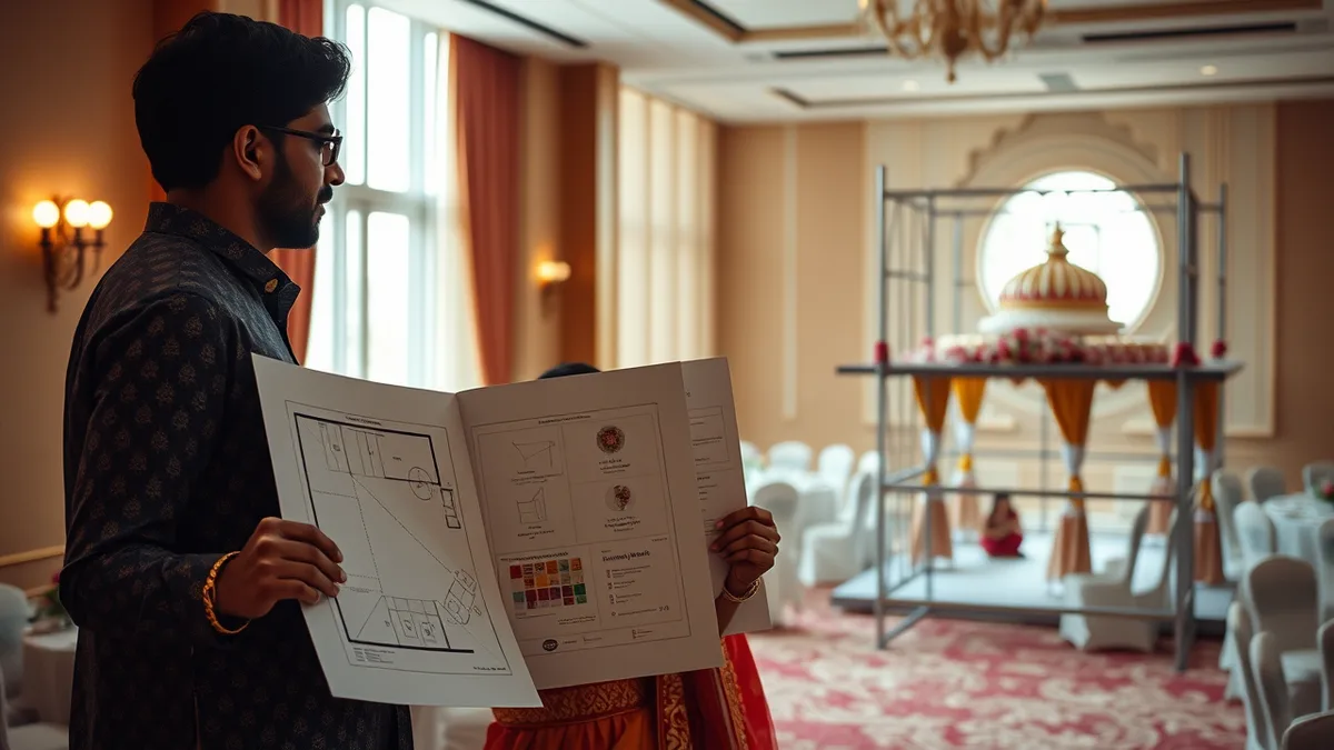 Indian wedding planner and decorator coordination - on-site venue recce with floor plans and design boards