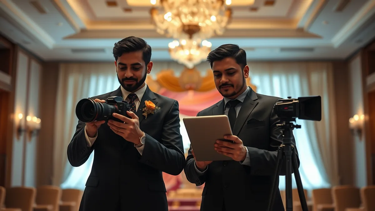 Wedding photographer team setup India - lead photographer and assistant with backup cameras and lighting on a wedding day