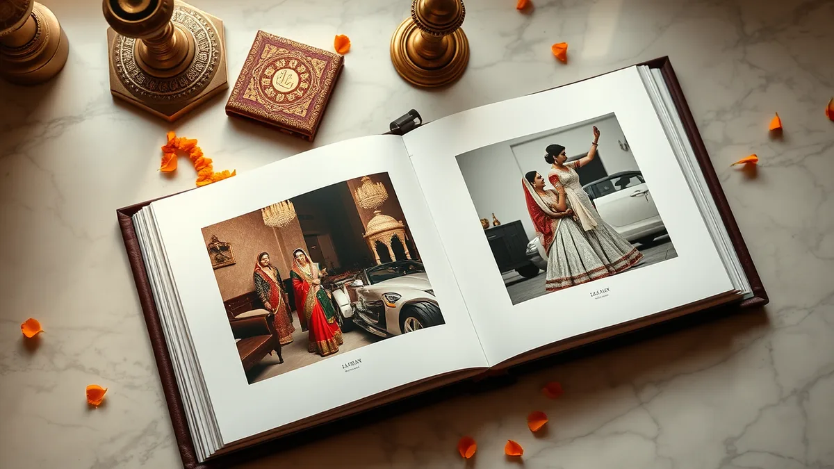 Indian wedding photography deliverables - curated wedding album spread with prints on a marble surface