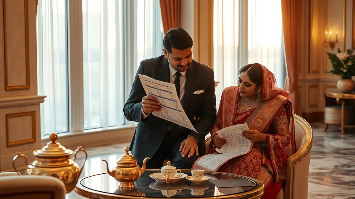 Indian wedding planner reviewing cost breakdown with a couple in a luxury hotel lounge