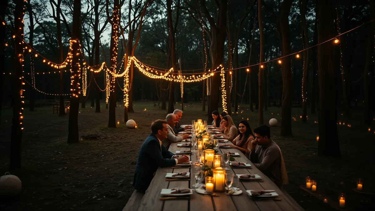 Intimate forest dinner reception inside Jim Corbett buffer zone at dusk
