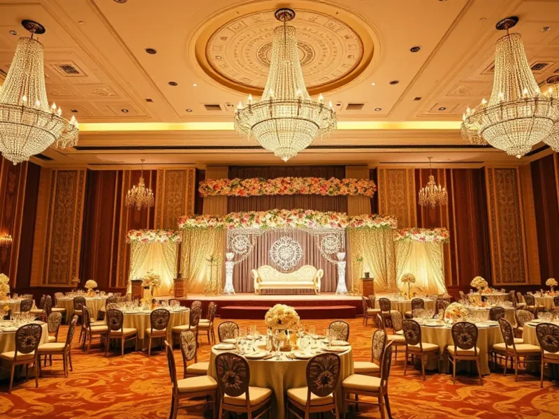 Five star hotel ballroom Indian wedding reception with crystal chandeliers and floral stage