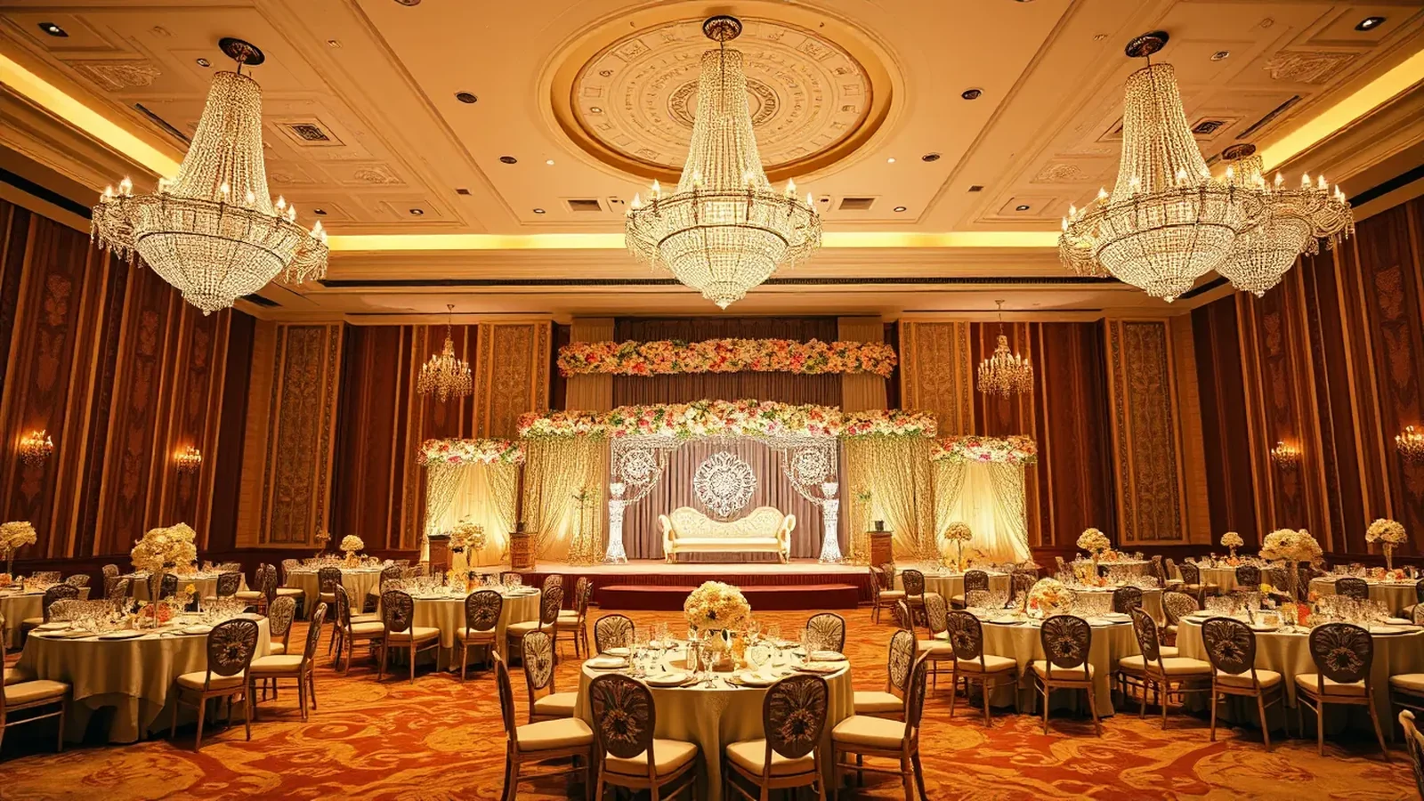 Five star hotel ballroom Indian wedding reception with crystal chandeliers and floral stage
