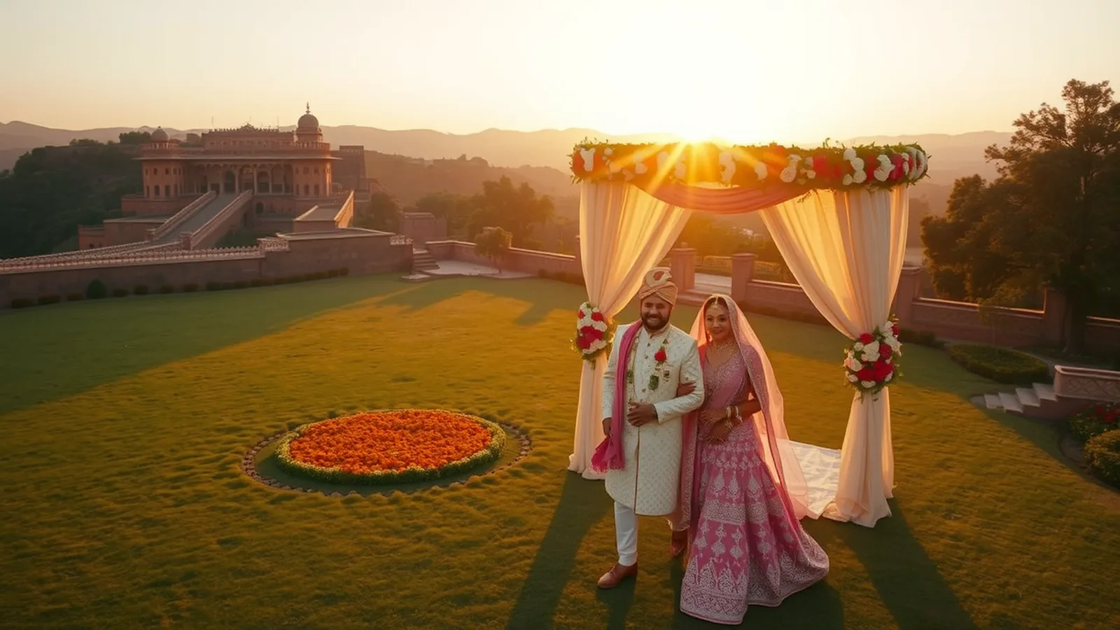 Premium wedding planner in Alwar - mandap on a heritage palace lawn at the edge of Sariska Tiger Reserve at golden hour