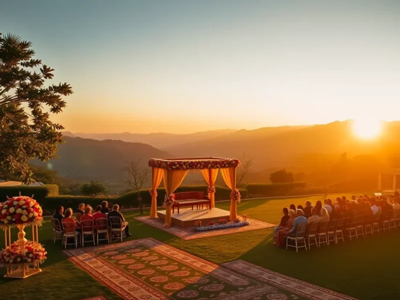 The Ananta Udaipur hillside resort wedding lawn with floral mandap and Aravalli backdrop