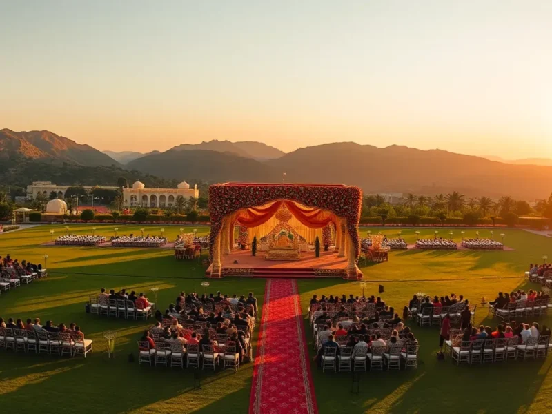 Aurika Udaipur large luxury resort wedding lawn with elaborate floral mandap