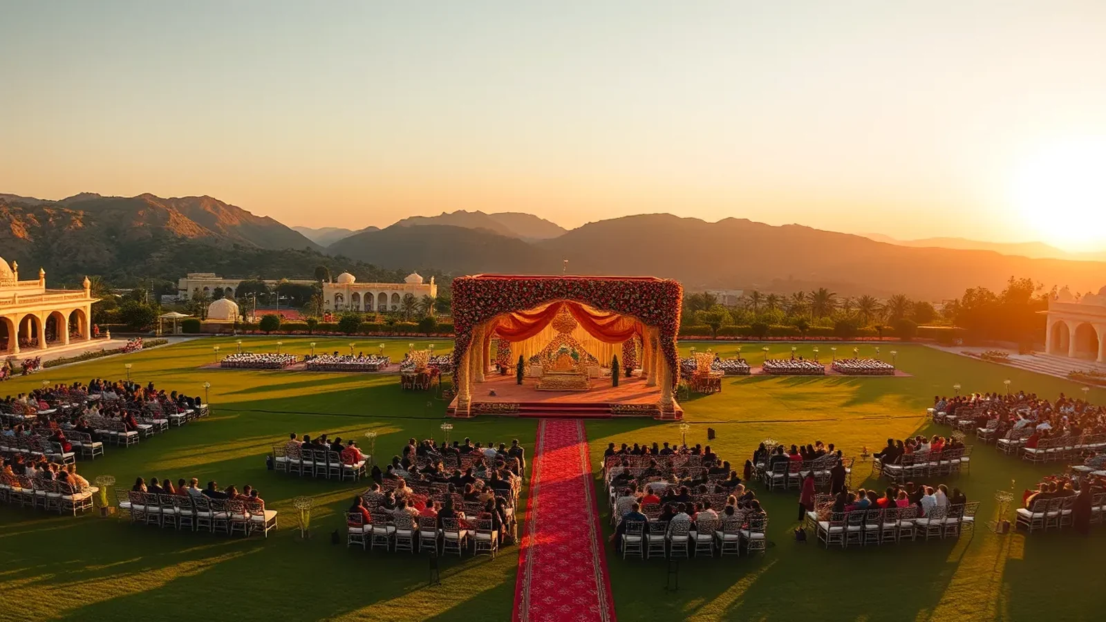Aurika Udaipur large luxury resort wedding lawn with elaborate floral mandap