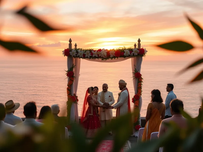 Bali wedding for Indian couples - Uluwatu-style Indian clifftop wedding ceremony with ocean horizon, frangipani and marigold mandap at sunset