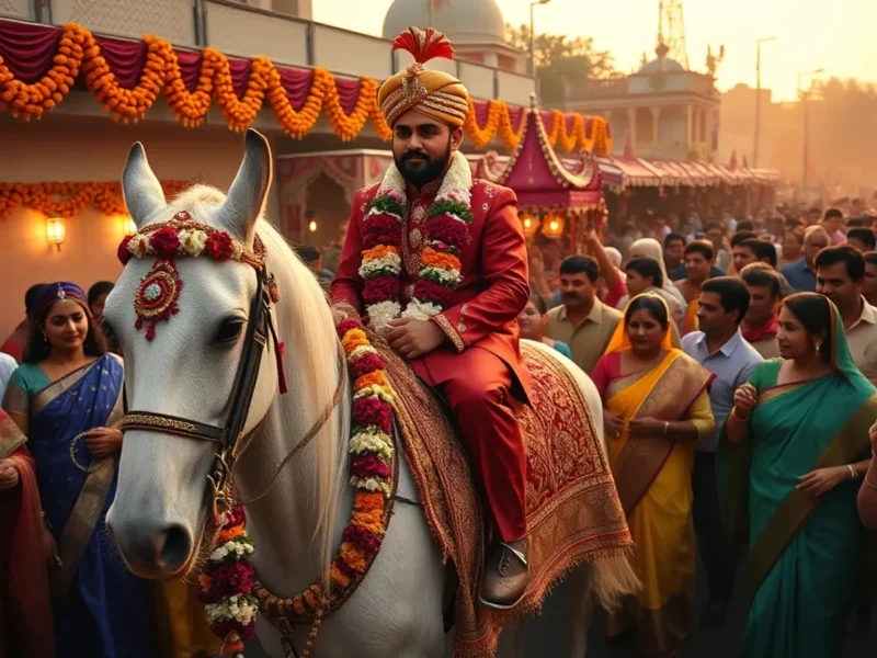 North Indian Punjabi Baraat with groom on a decorated horse and dhol drummers