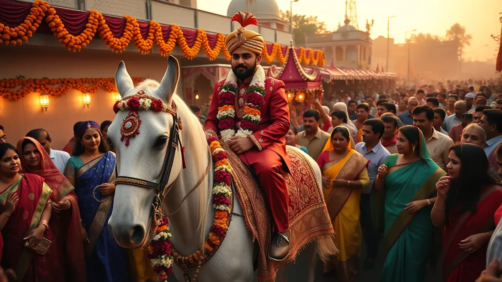 North Indian Punjabi Baraat with groom on a decorated horse and dhol drummers