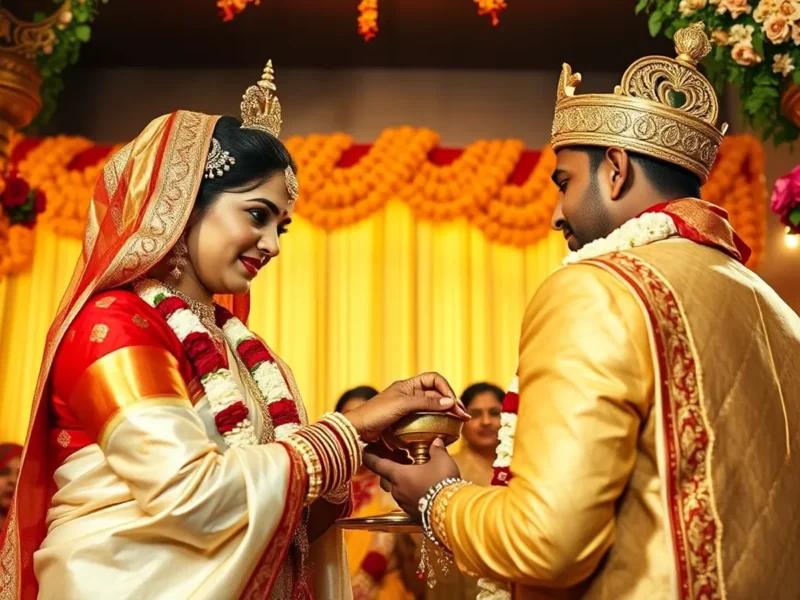 Bengali Hindu wedding with bride in red and white saree and Topor crowns at the mandap