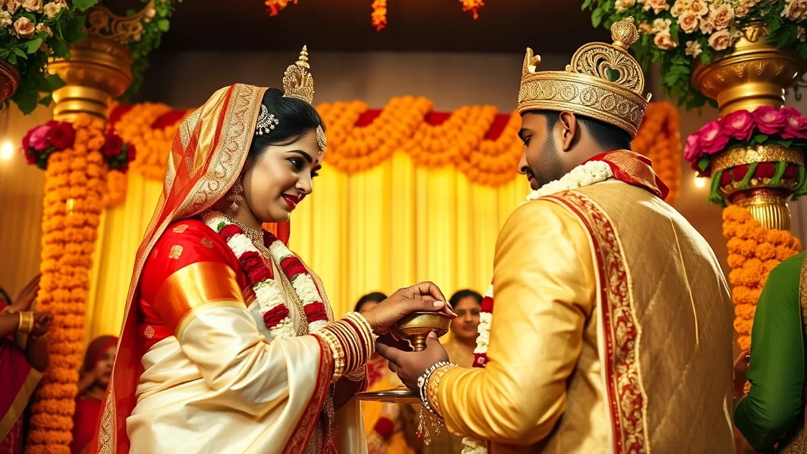 Bengali Hindu wedding with bride in red and white saree and Topor crowns at the mandap