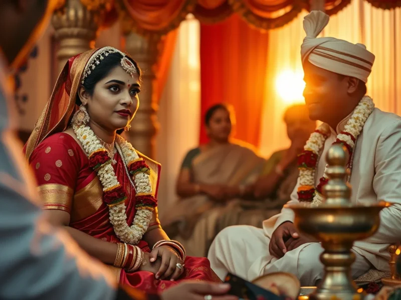 Bengali wedding traditions - a Bengali wedding ritual scene with the bride in red-and-white Banarasi wearing the topor and mukut, conch shells nearby
