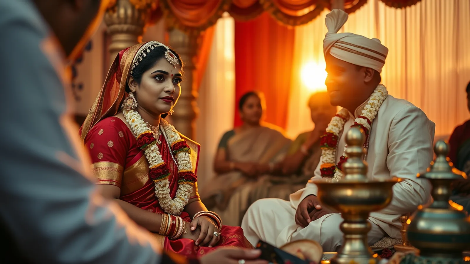 Bengali wedding traditions - a Bengali wedding ritual scene with the bride in red-and-white Banarasi wearing the topor and mukut, conch shells nearby