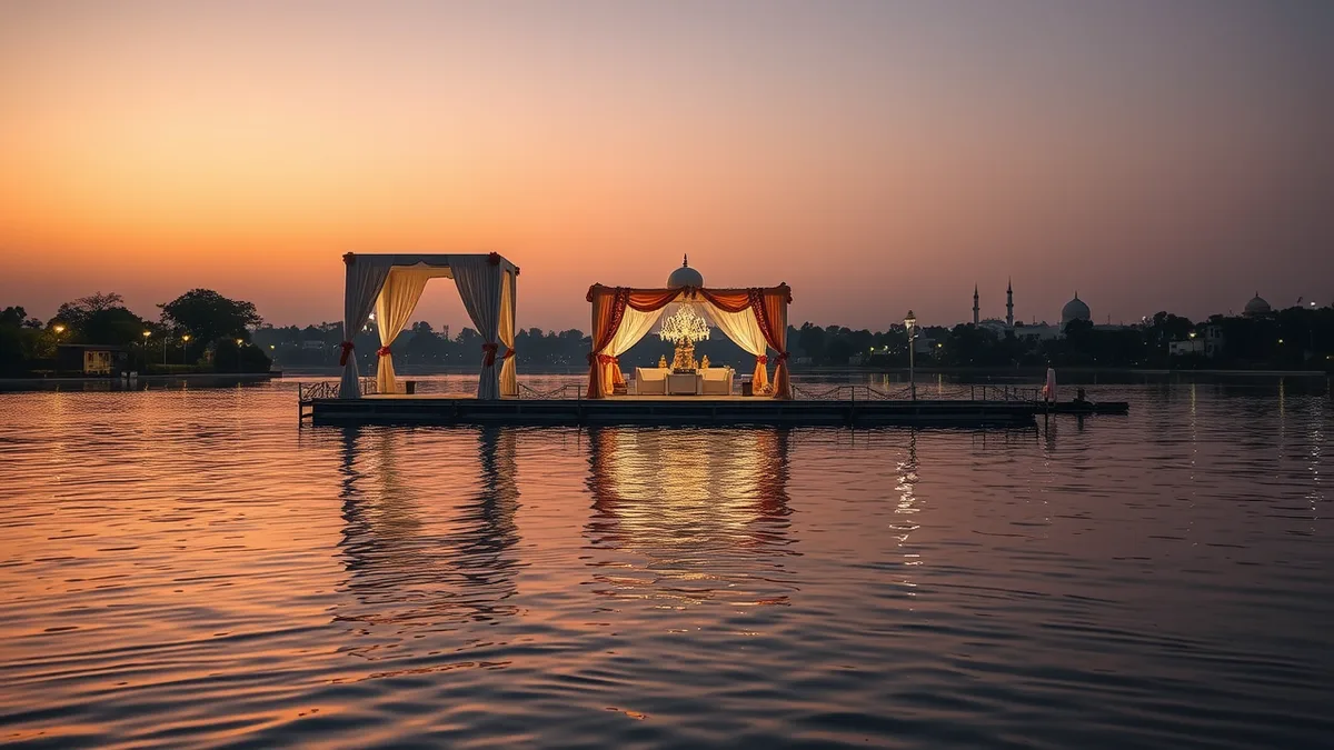 Premium wedding planner in Bhopal - Upper Lake waterfront wedding pavilion at golden hour