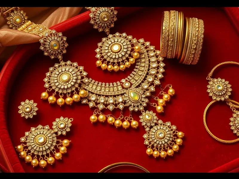Luxury Indian bridal jewellery set with polki necklace, jhumkas, and bangles on velvet display