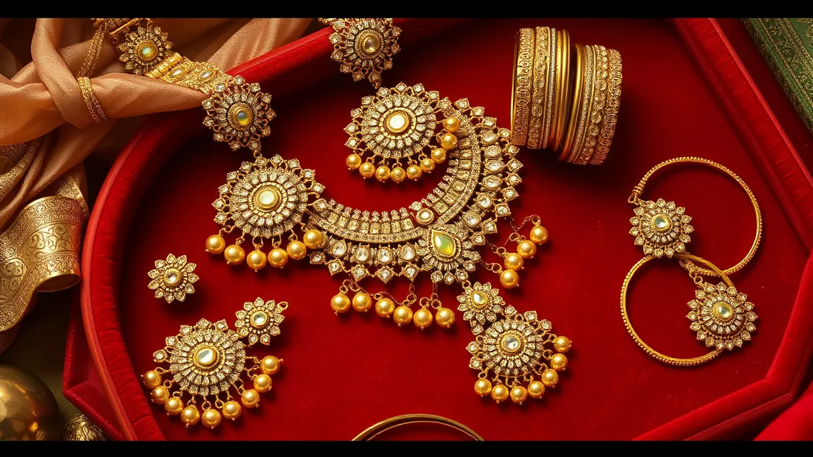 Luxury Indian bridal jewellery set with polki necklace, jhumkas, and bangles on velvet display