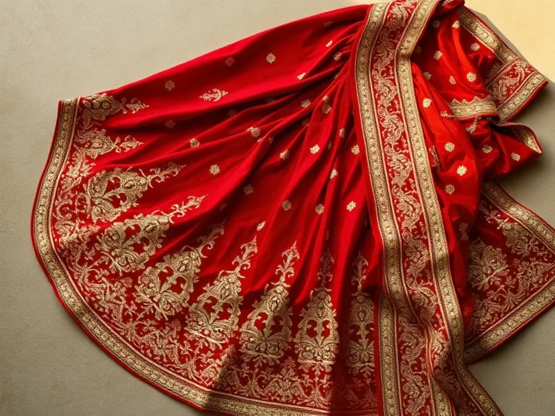 Designer Indian bridal lehenga with zardozi embroidery in red and gold, editorial flat lay