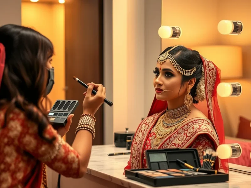 Bridal makeup cost in India - makeup artist applying HD foundation to an Indian bride in red lehenga and gold jewellery before her ceremony